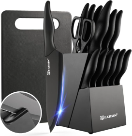 16 Pieces Kitchen Knife Block Set With Cutting Board, German Stainless Steel Knife Set With Sharpener, Dishwasher Safe, Anti-Slip Handle, 6 Steak (Option: Black-16Pieces)