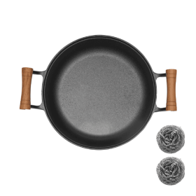 WANGYUANJI 11.8 Pancake Griddle With Wooden Handle, Cast Iron Skillet, Uncoated Pan For Home, Thickened Non-Stick, Multi-Purpose Skillet (Color: Black)