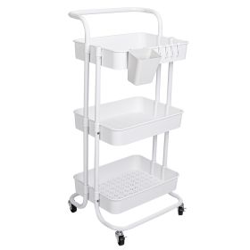 Black-White Color Options 1Pc 3 Tier Rolling Utility Cart Movable Storage Organizer With Mesh Baskets Lockable Wheels 360 Degree Rotatable Hangin (Color: White)