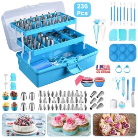 236Pcs Cake Decorating Kit Baking Tools Accessories Cake Decorating Supplies With Piping Tips Couplers And Bags Cookie Cutters Baking Cups Scrape (Color: Blue)
