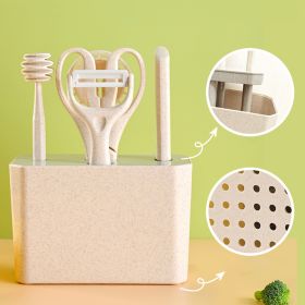 7pcs Kitchen Small Tool Multifunctional Cooking Set, Made Of Wheat Straw Material, With Storage Seat, Melon Planer, Baking Tools-Selling On Amazo (Option: 7piece set)